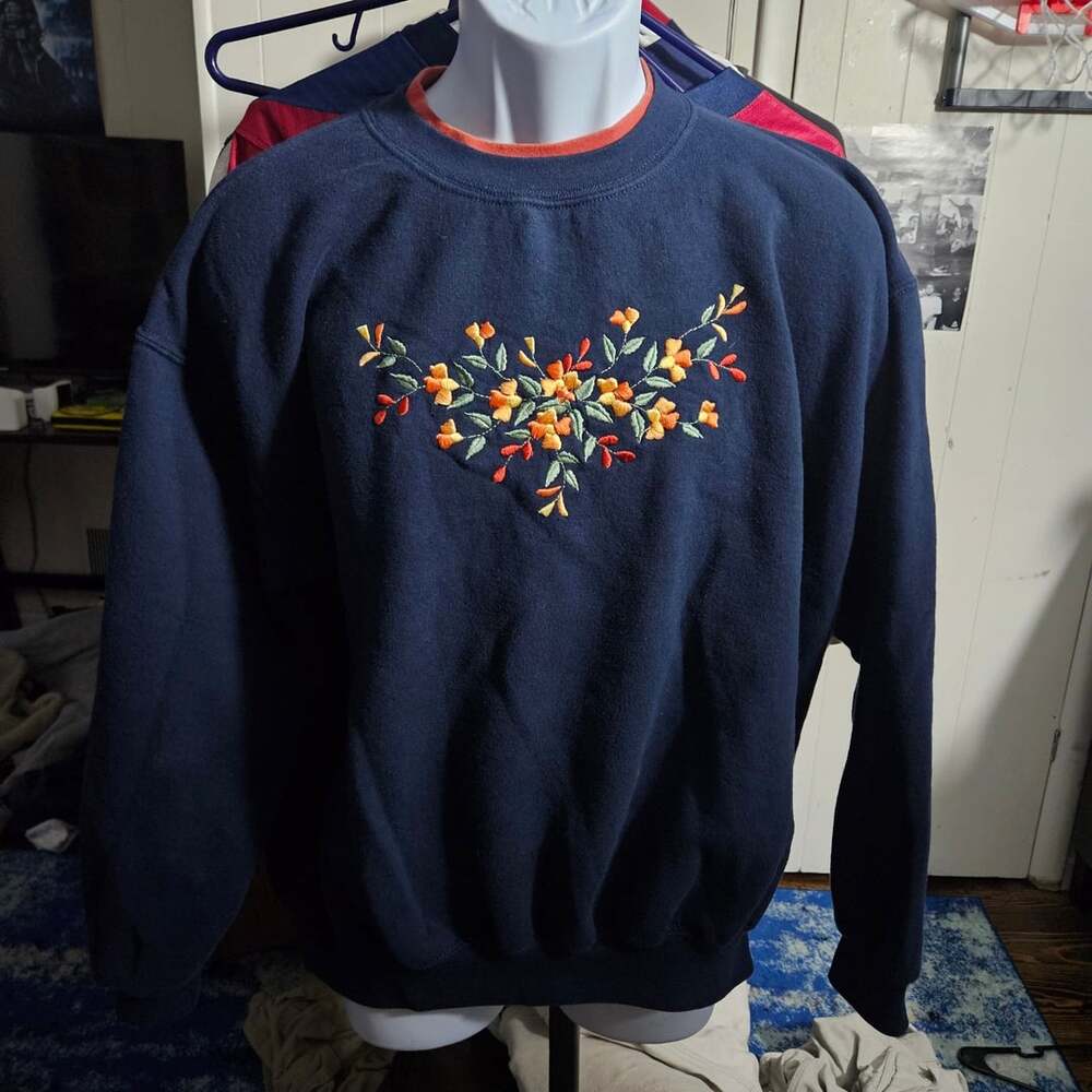 Top Stitch by Morning Sun Vintage Floral Embroidered Navy Blue Sweatshirt 2XL